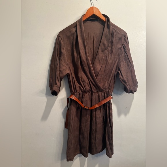 Zara Basic Brown Blouse minimalist neutral size small belt natural casual - Picture 1 of 8